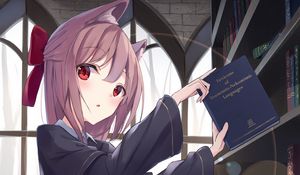 Preview wallpaper girl, neko, ears, book, anime