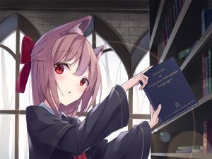 Preview wallpaper girl, neko, ears, book, anime