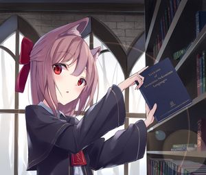 Preview wallpaper girl, neko, ears, book, anime