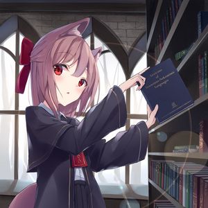 Preview wallpaper girl, neko, ears, book, anime