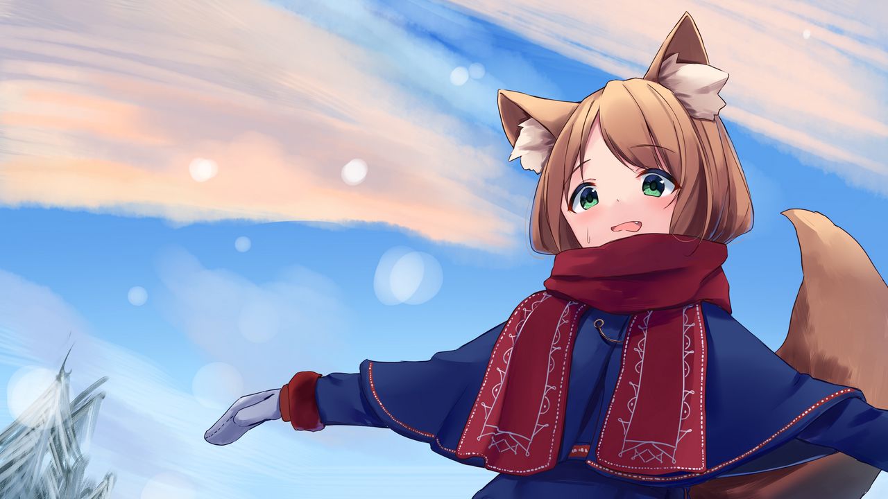 Wallpaper girl, neko, ears, winter, anime