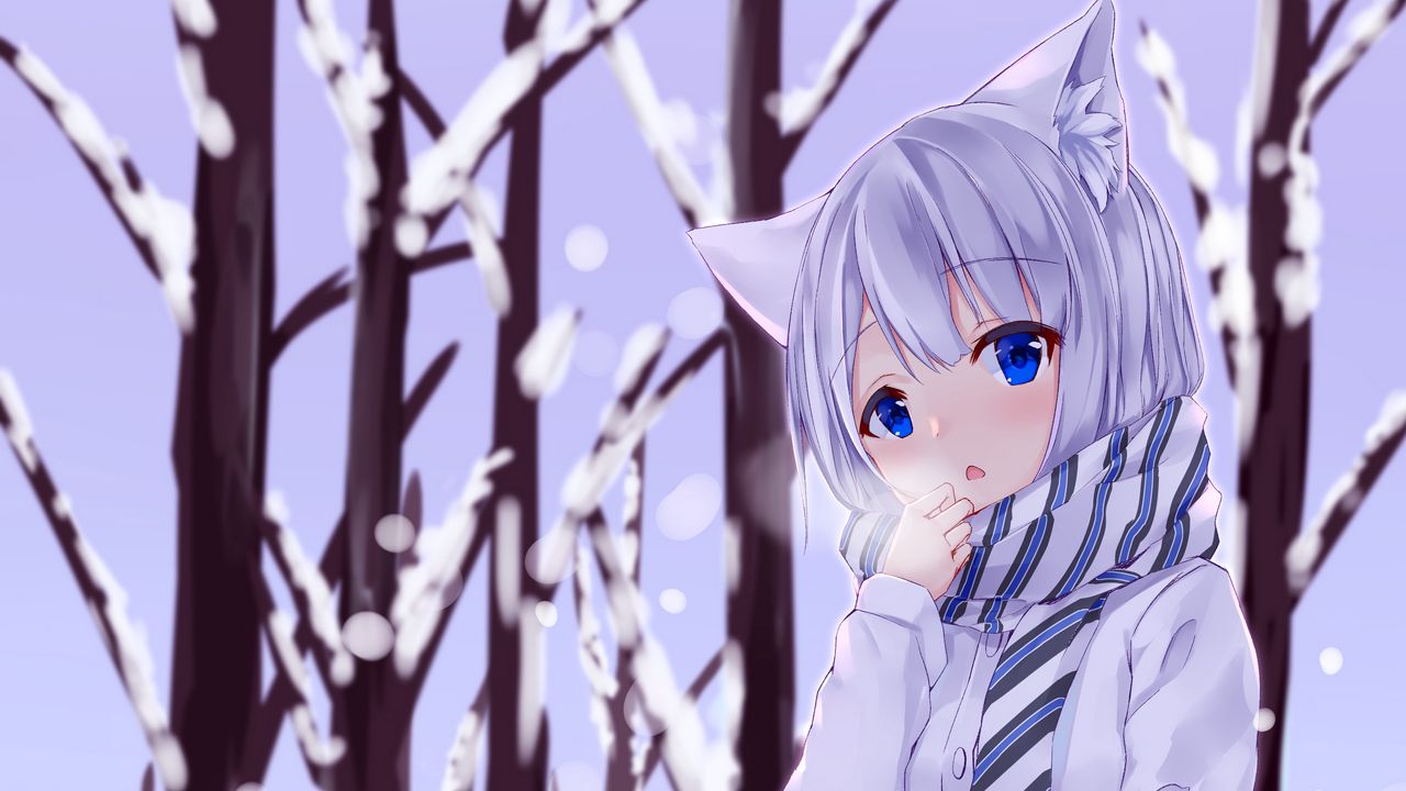 Wallpaper girl, neko, ears, winter, cold, snow, anime