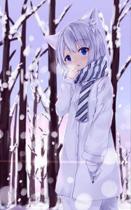 Preview wallpaper girl, neko, ears, winter, cold, snow, anime