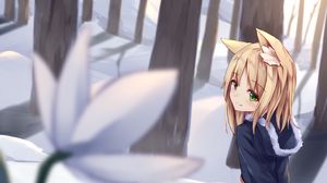 Preview wallpaper girl, neko, ears, tail, snow, winter, anime