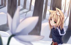 Preview wallpaper girl, neko, ears, tail, snow, winter, anime