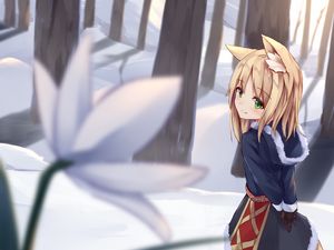 Preview wallpaper girl, neko, ears, tail, snow, winter, anime