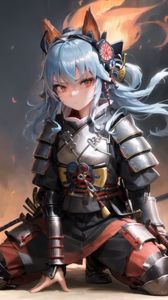 Preview wallpaper girl, neko, ears, armor, flame, anime