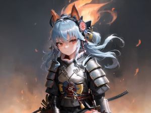 Preview wallpaper girl, neko, ears, armor, flame, anime