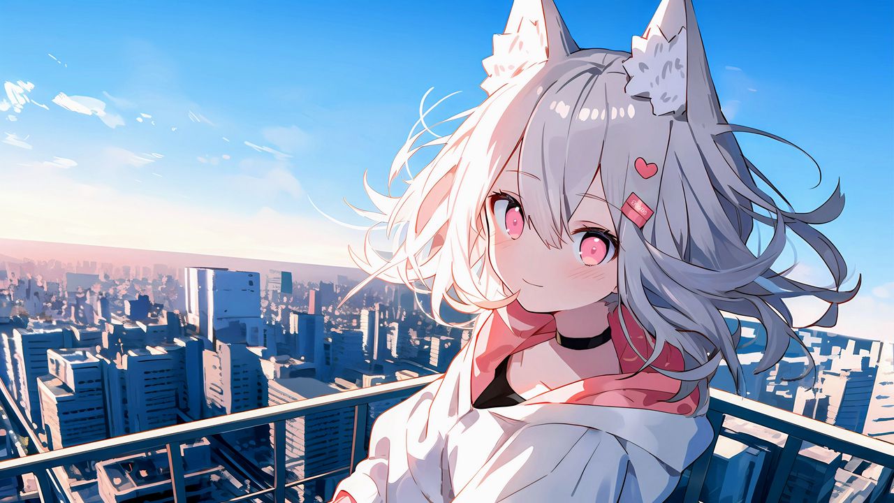 Wallpaper girl, neko, ears, choker, city, anime