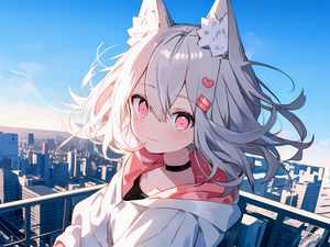 Preview wallpaper girl, neko, ears, choker, city, anime