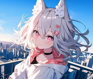 Preview wallpaper girl, neko, ears, choker, city, anime