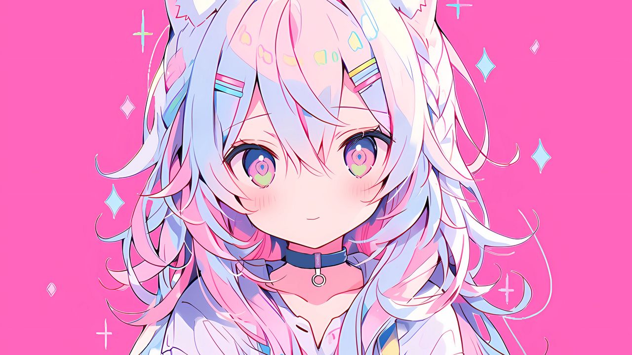 Wallpaper girl, neko, ears, hairpins, pink, anime