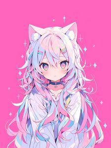 Preview wallpaper girl, neko, ears, hairpins, pink, anime