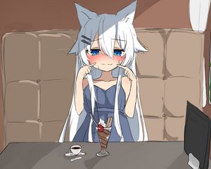 Preview wallpaper girl, neko, embarrassment, dessert, anime