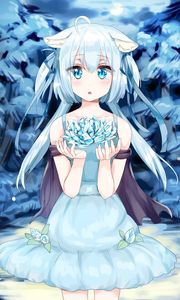 Preview wallpaper girl, neko, flower, anime, art, blue