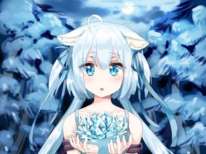 Preview wallpaper girl, neko, flower, anime, art, blue