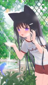 Preview wallpaper girl, neko, fountain, water, anime