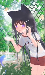 Preview wallpaper girl, neko, fountain, water, anime