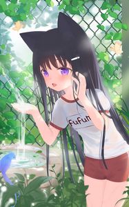 Preview wallpaper girl, neko, fountain, water, anime