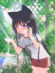 Preview wallpaper girl, neko, fountain, water, anime