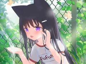 Preview wallpaper girl, neko, fountain, water, anime