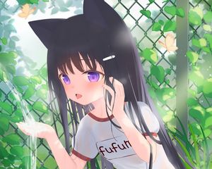 Preview wallpaper girl, neko, fountain, water, anime