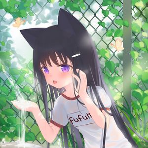 Preview wallpaper girl, neko, fountain, water, anime