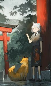 Preview wallpaper girl, neko, fox, anime, art, japan