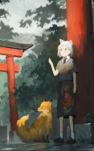 Preview wallpaper girl, neko, fox, anime, art, japan