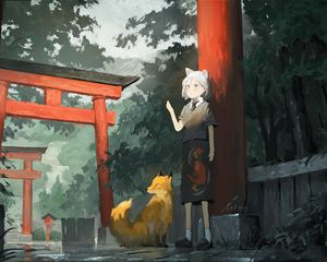 Preview wallpaper girl, neko, fox, anime, art, japan