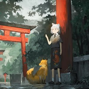 Preview wallpaper girl, neko, fox, anime, art, japan