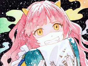 Preview wallpaper girl, neko, gift, kimono, snow, watercolor, anime