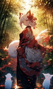 Preview wallpaper girl, neko, gumiho, forest, anime, art