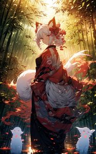 Preview wallpaper girl, neko, gumiho, forest, anime, art
