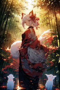 Preview wallpaper girl, neko, gumiho, forest, anime, art