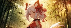 Preview wallpaper girl, neko, gumiho, forest, anime, art