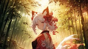 Preview wallpaper girl, neko, gumiho, forest, anime, art