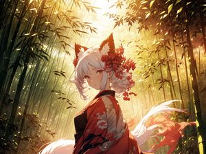 Preview wallpaper girl, neko, gumiho, forest, anime, art