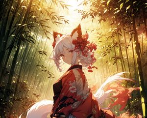 Preview wallpaper girl, neko, gumiho, forest, anime, art