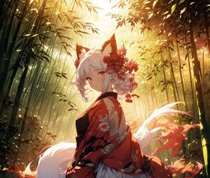 Preview wallpaper girl, neko, gumiho, forest, anime, art