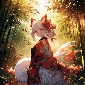 Preview wallpaper girl, neko, gumiho, forest, anime, art