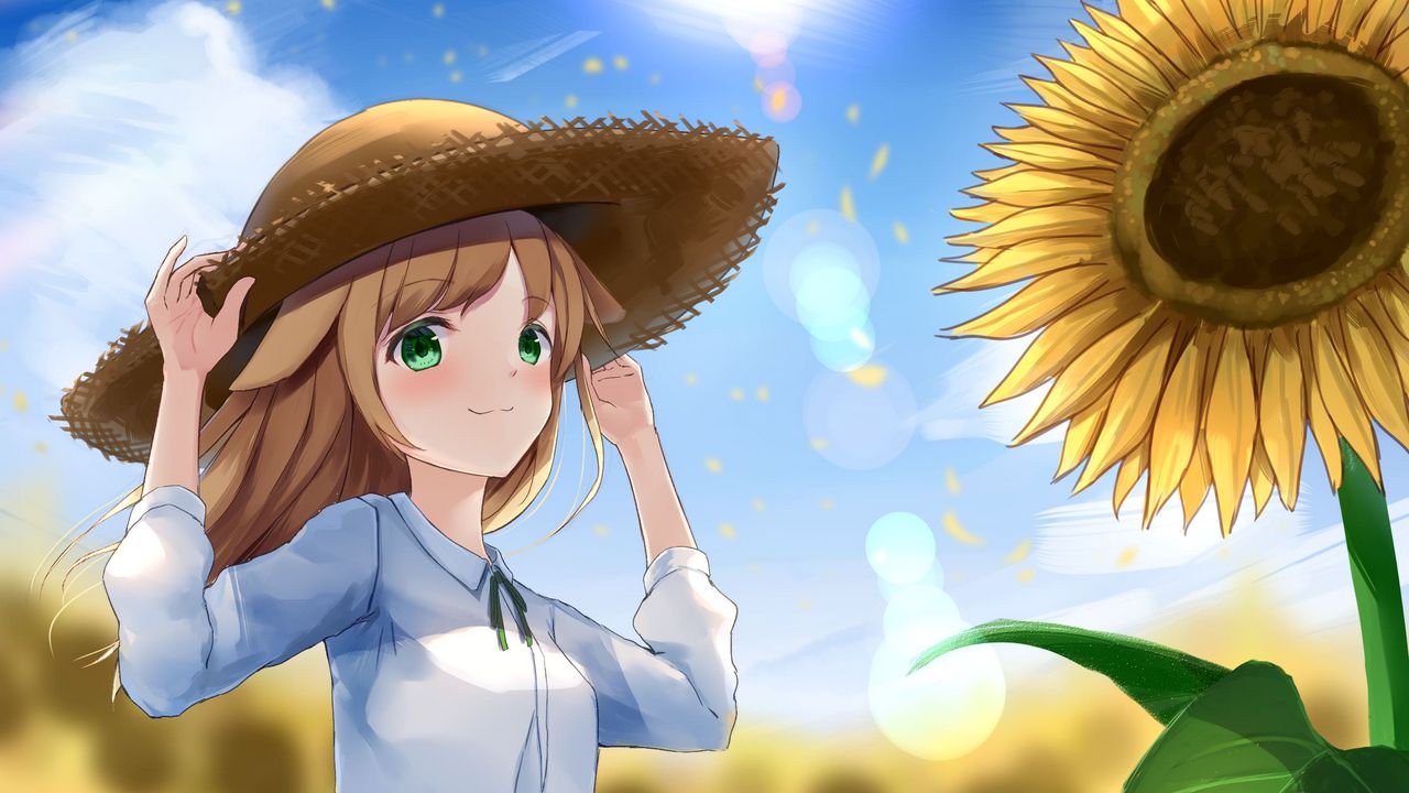 Wallpaper girl, neko, hat, field, sunflowers, anime