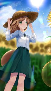 Preview wallpaper girl, neko, hat, field, sunflowers, anime