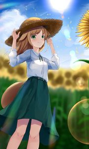 Preview wallpaper girl, neko, hat, field, sunflowers, anime