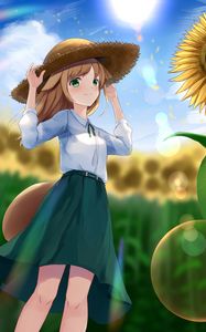 Preview wallpaper girl, neko, hat, field, sunflowers, anime