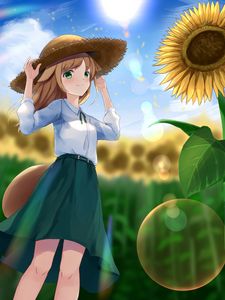 Preview wallpaper girl, neko, hat, field, sunflowers, anime