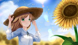 Preview wallpaper girl, neko, hat, field, sunflowers, anime