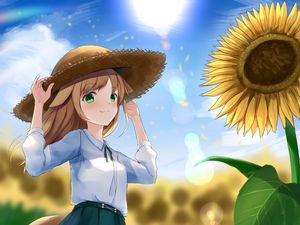 Preview wallpaper girl, neko, hat, field, sunflowers, anime