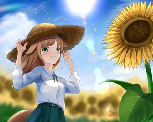 Preview wallpaper girl, neko, hat, field, sunflowers, anime