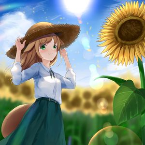 Preview wallpaper girl, neko, hat, field, sunflowers, anime